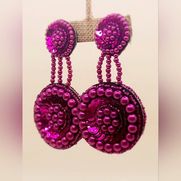 Handmade purple seed bead sequins clip on double drop party fahion earrings - Picture 5 of 6